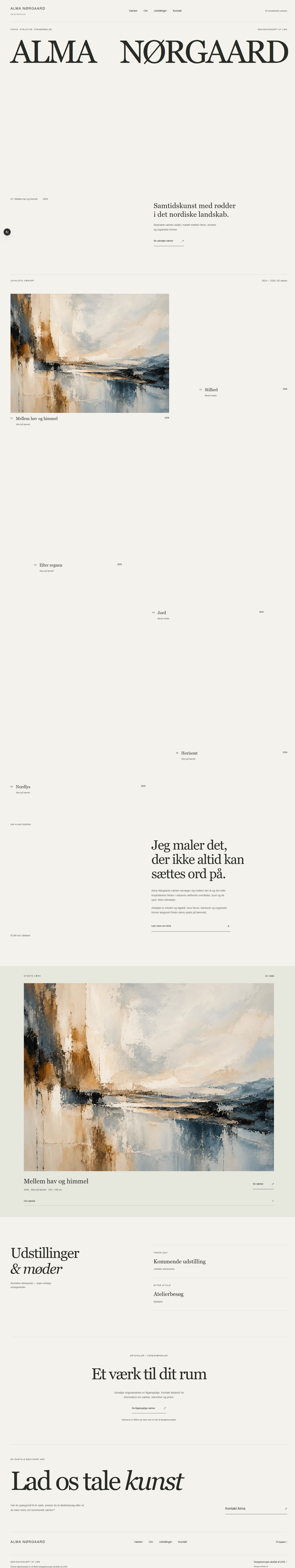 Website-preview af Alma Nørgaard – et fiktivt kunstnerkoncept udviklet af LWD